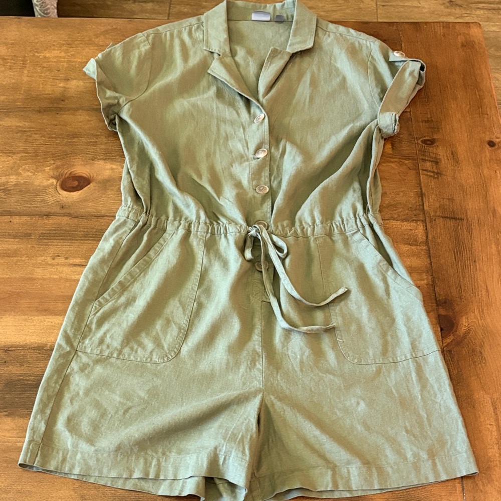 Soho Olive Green linen blend Button-Up Romper
